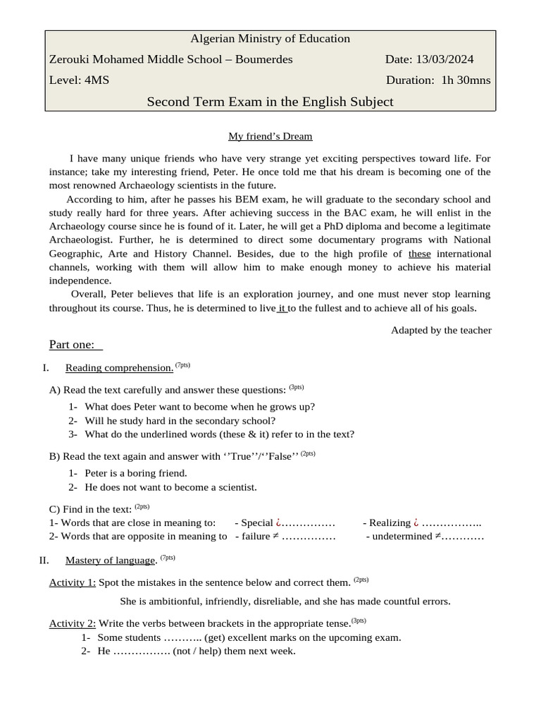 4 MS Second Term Exam and Correction 2022 | PDF | Linguistics | Grammar