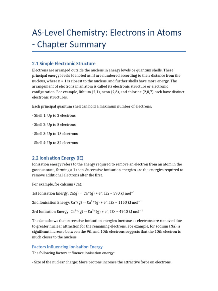AS Level Chemistry Electrons in Atoms Final Summary | PDF | Ionization ...