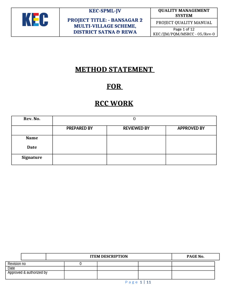 RCC Work Method Statement for Bansagar 2 | PDF | Concrete