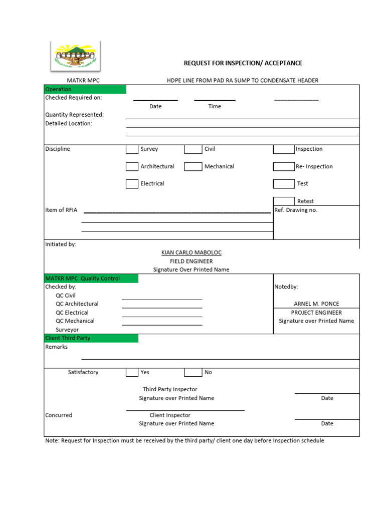 Request for Inspection Form Template | PDF