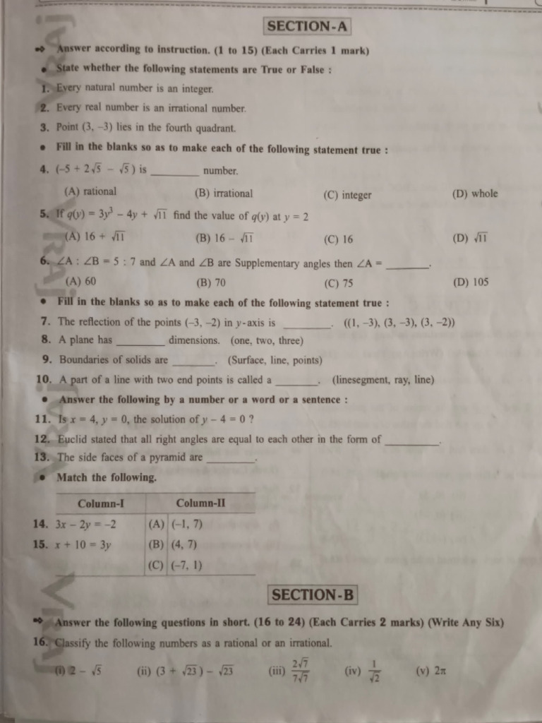 Class 9 Maths Question Paper 2023 | PDF | Numbers | Rational Number