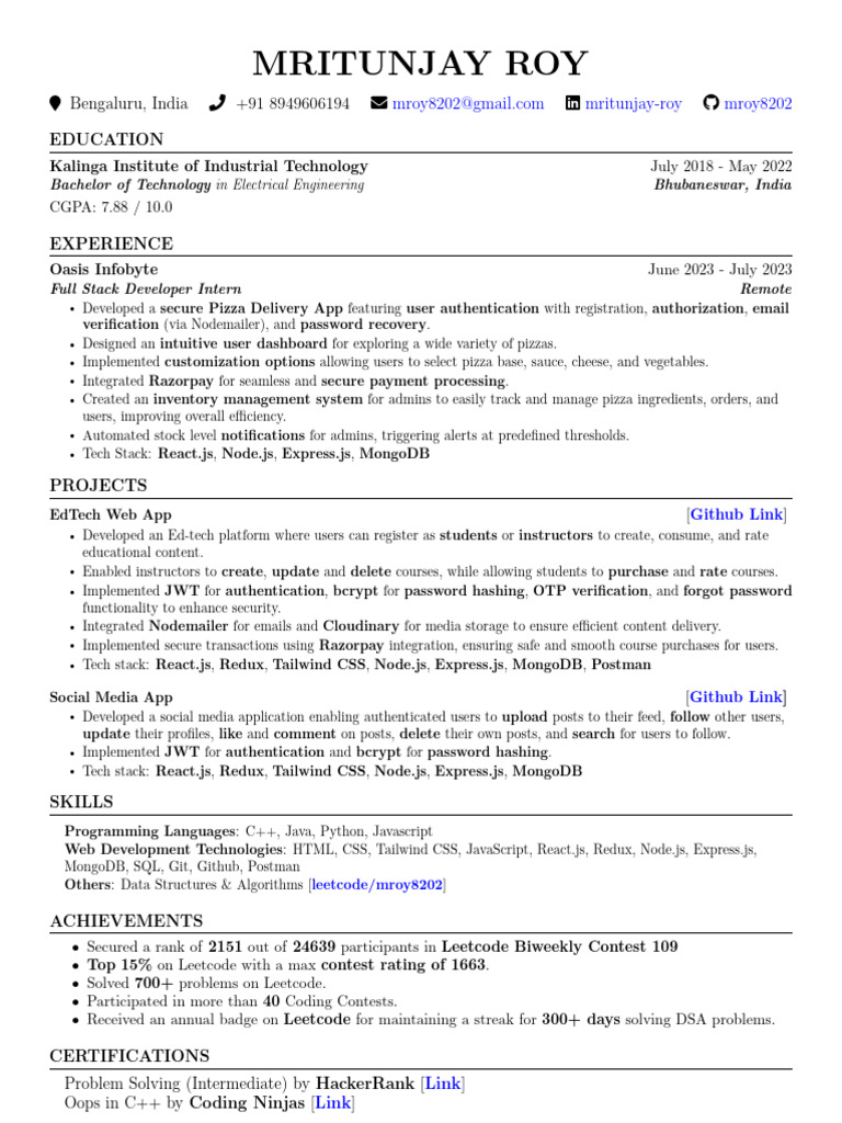 Full Stack Developer Resume - Mritunjay Roy | PDF | Java Script | Password
