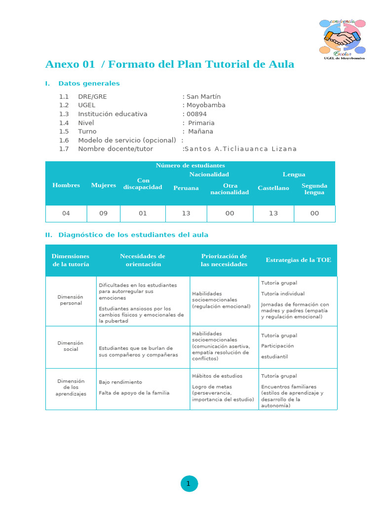 ANEXO Nº 1 PLAN TUTORIAL DE AULA - 2024 | PDF | Las emociones | Salón ...