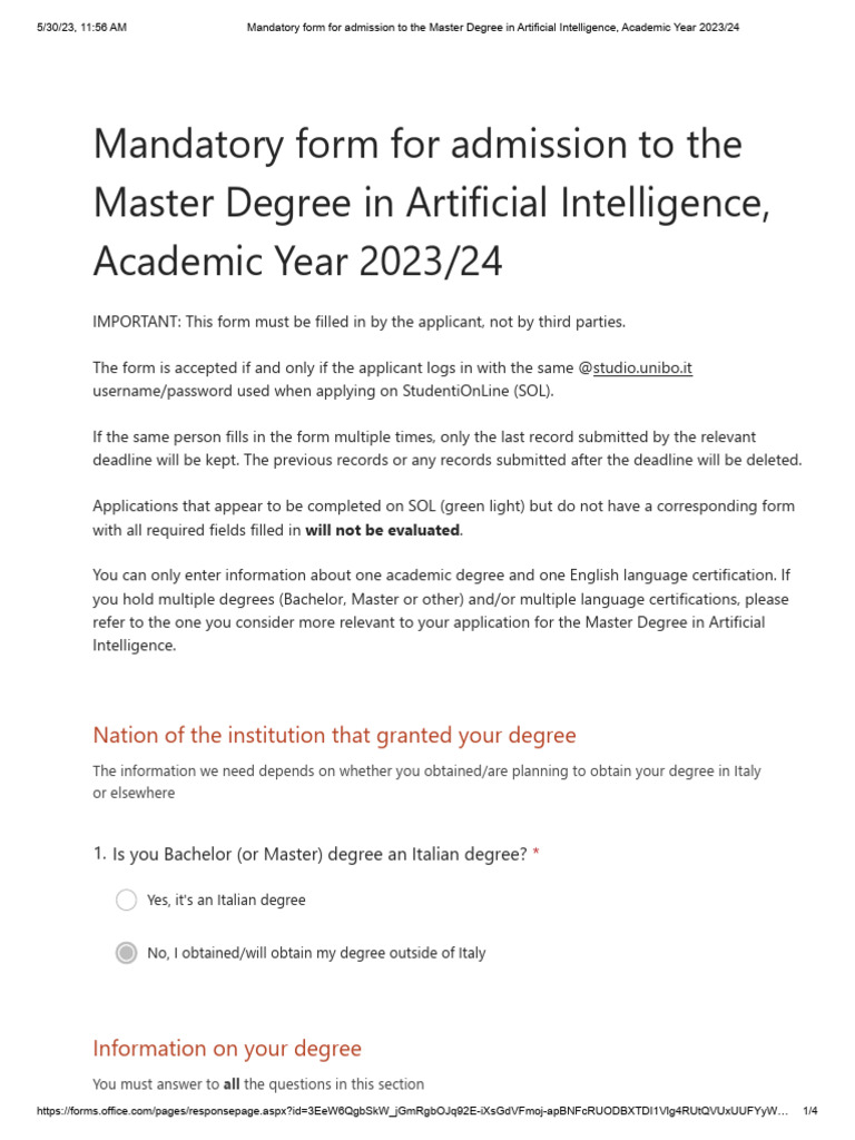 Mandatory form for admission to the master degree in artificial