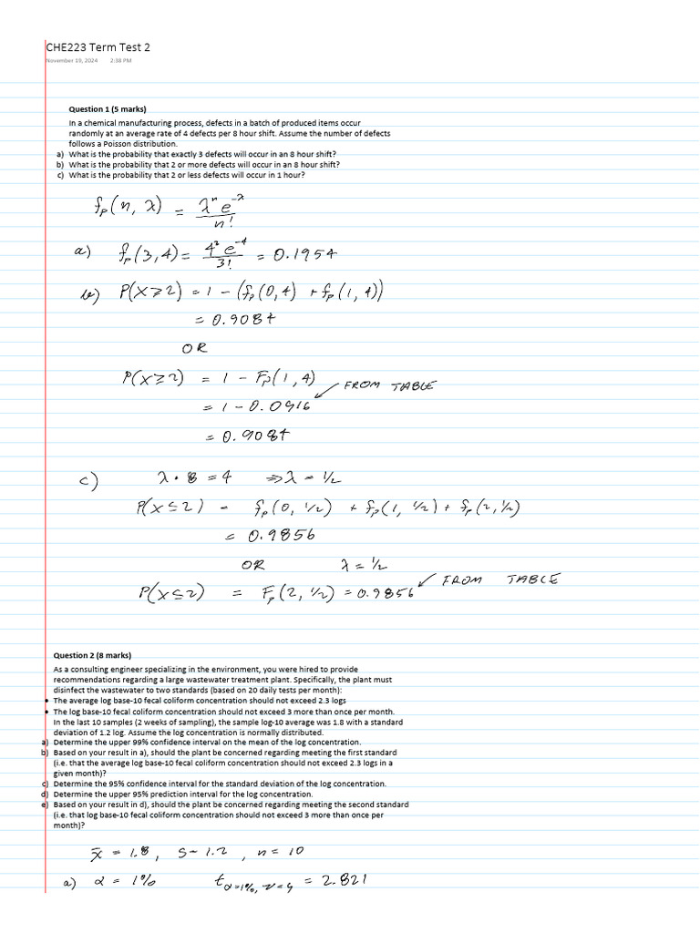 CHE223 Term Test 2 - Solutions | PDF | Sampling (Statistics) | Standard ...