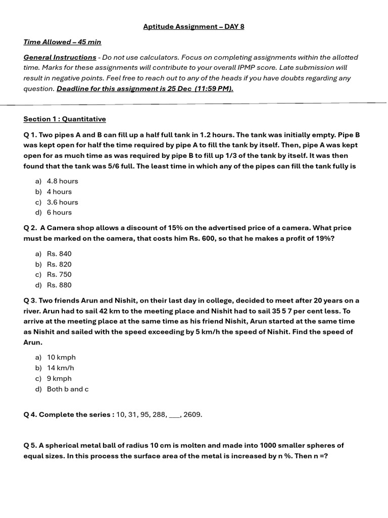 Aptitude Assignment Day 8 Instructions | PDF | Mathematics | Sphere