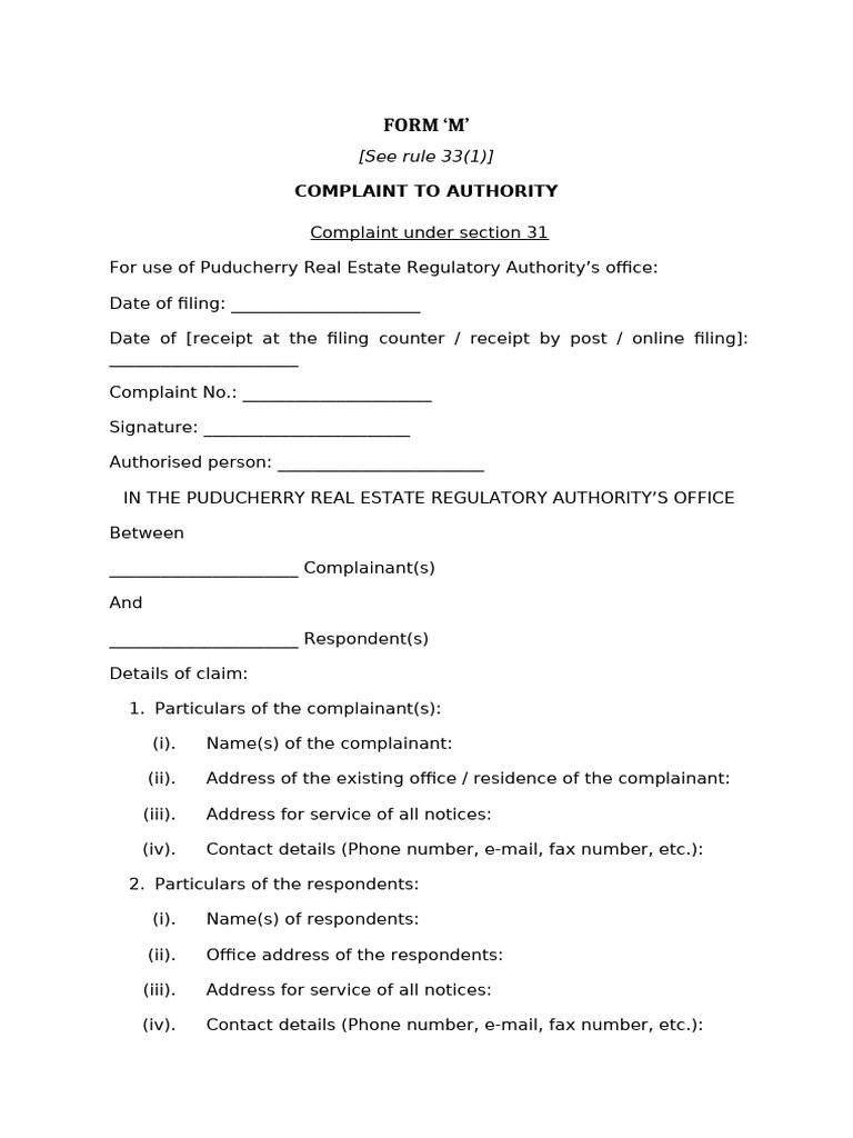 RERA Form M: Complaint Submission Guide | PDF | Complaint | Cheque