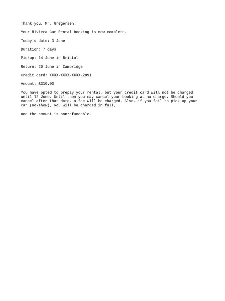 Riviera Car Rental Booking Confirmation | PDF