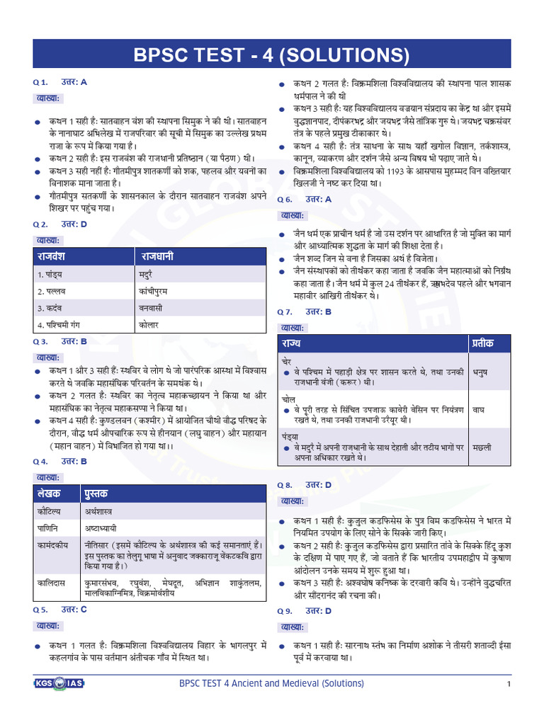 BPSC TEST 4 Ancient and Medieval Solutions Hindi 240616 201511 | PDF