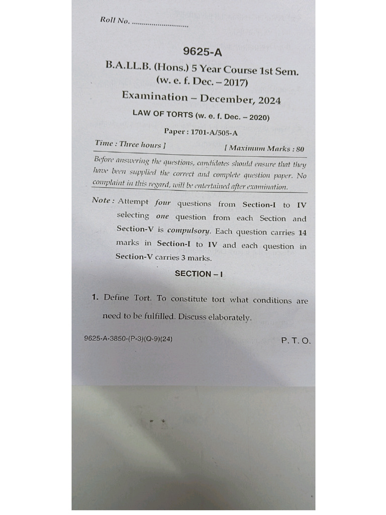Law of Torts 2024 Paper | PDF