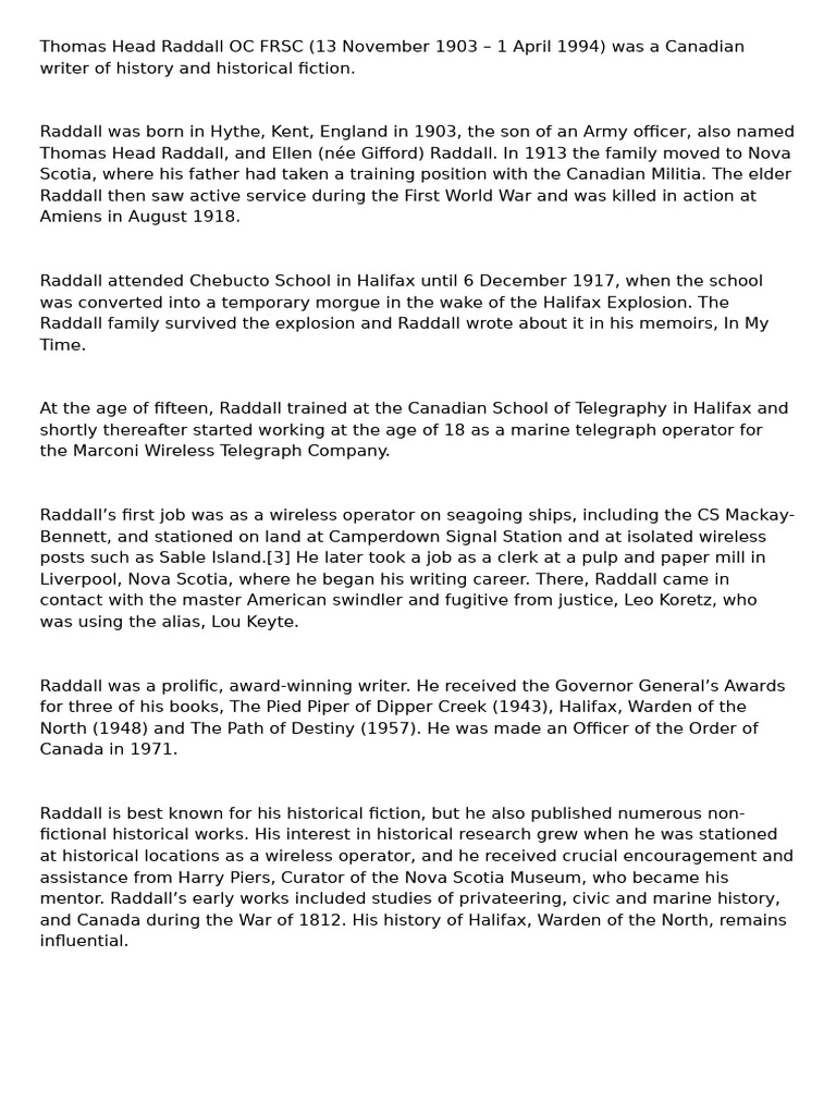 Thomas Raddall Biography | PDF