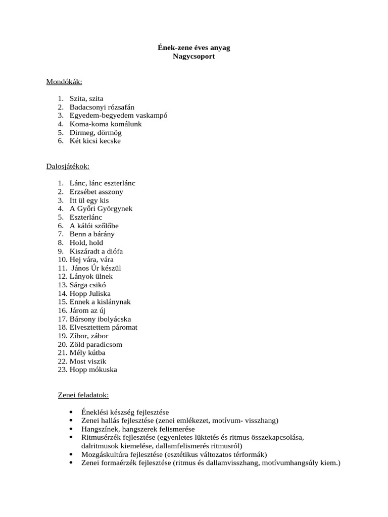 Ének Zene Éves Terv Nagycsoport | PDF