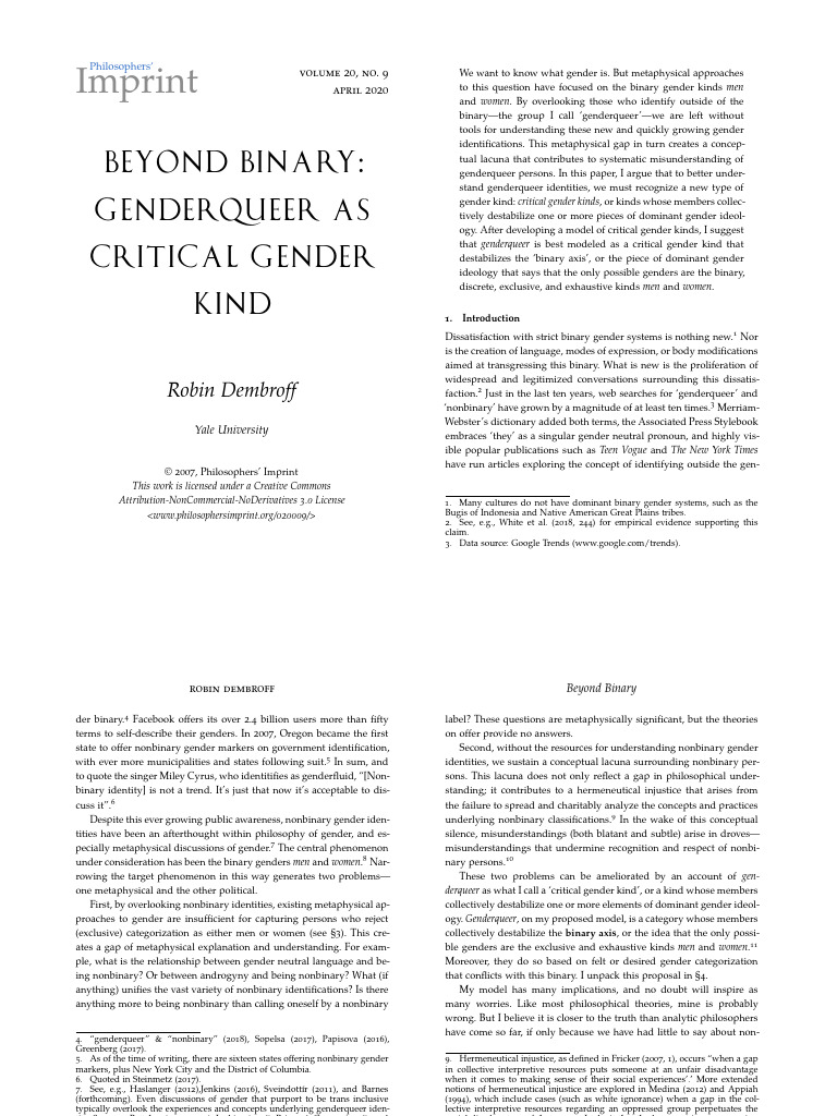 Dembroff - BEYOND BINARY GENDERQUEER AS CRITICAL GENDER | PDF | Gender ...
