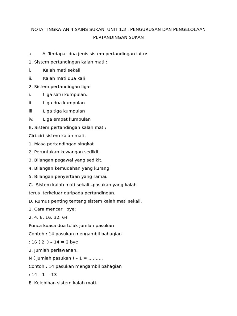 Nota Tingkatan 4 Sains Sukan Pertandingan Dan Pengelolaan | PDF