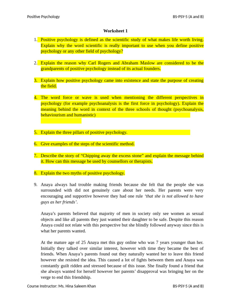 Worksheet 1 | PDF | Positive Psychology | Psychology