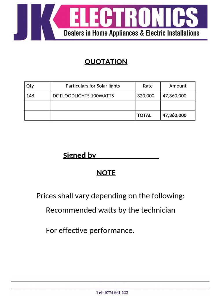 Solar Lights Quotation Breakdown | PDF