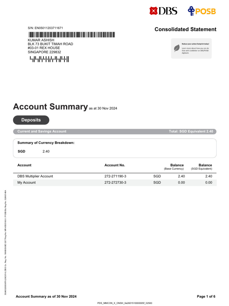 DBS Account Statement Summary 2024 | PDF | Banking | Economies