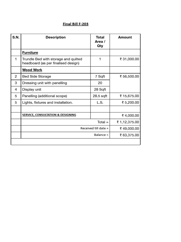 Final Bill F-203: Furniture & Services | PDF