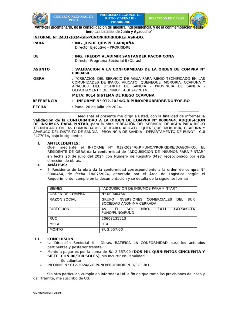 Validación Orden de Compra Riego Puno | PDF
