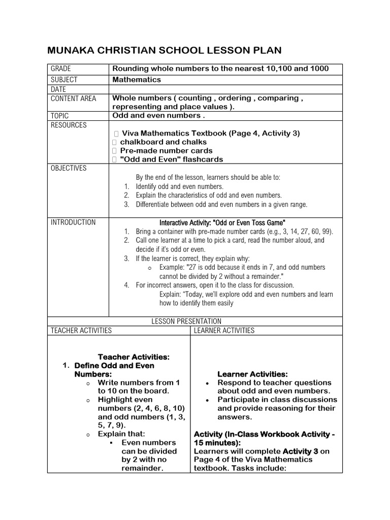 Odd and Even Numbers Lesson Plan | PDF | Learning | Education Theory