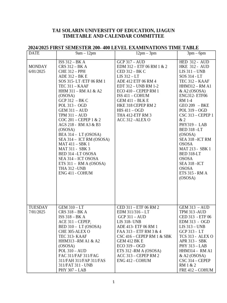 2024/2025 Exam Timetable for 200-400 Levels | PDF