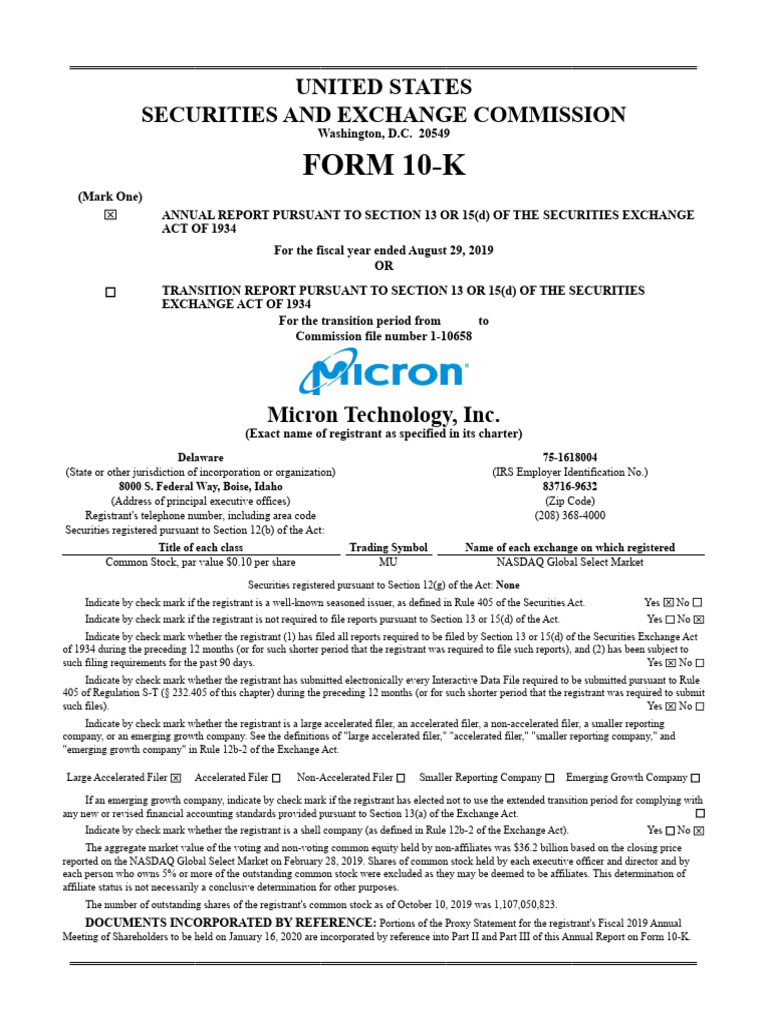 Micron Technology 2019 10-K Report | PDF | Solid State Drive ...