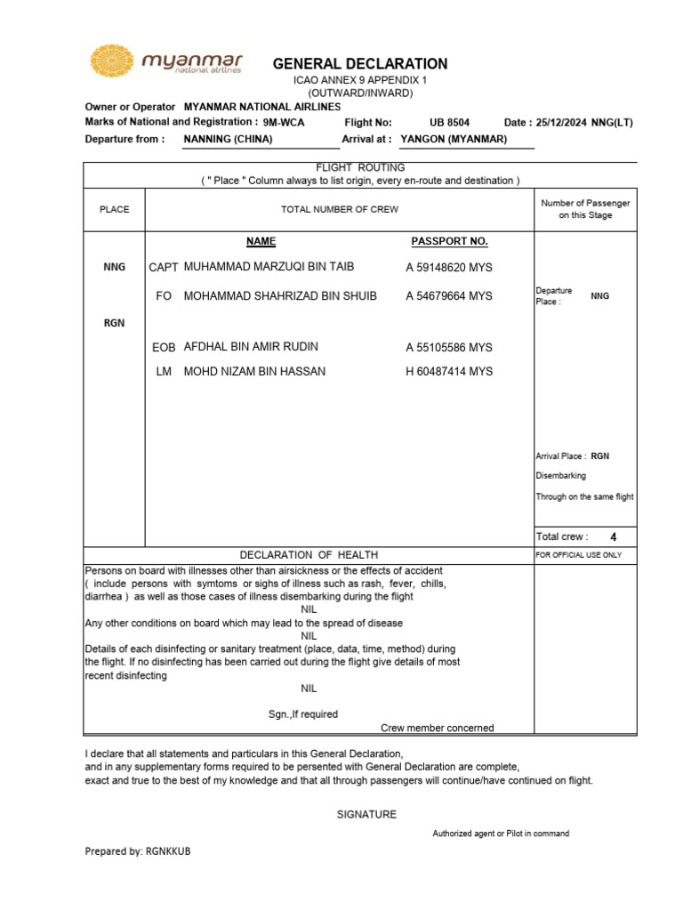 General Declaration for Flight UB 8504 | PDF | Man Made Disasters ...