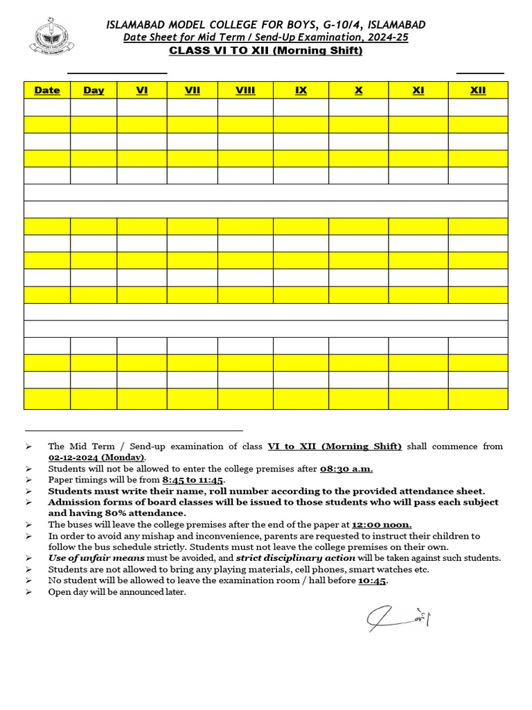 Class 11 Mid Term Date Sheet 2024-25 | PDF