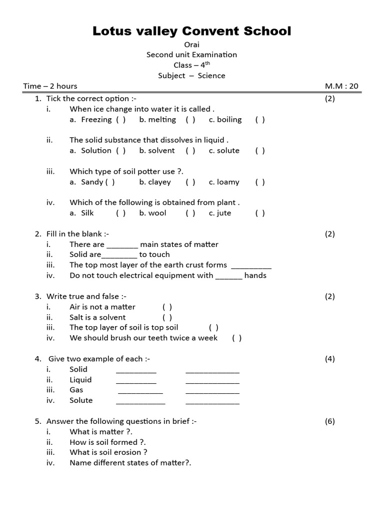 Class 4 TH Science Paper 01 | PDF