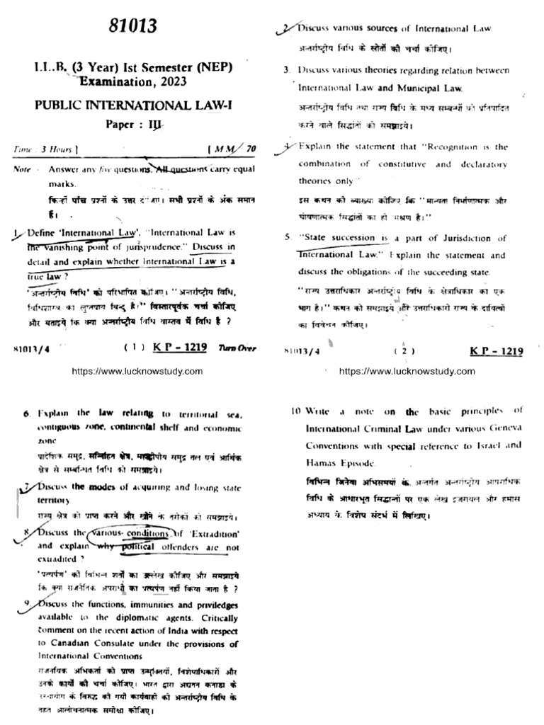 LLB 1 Sem Public International Law 1 81013 2023 | PDF
