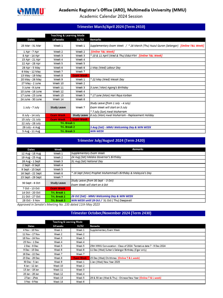 MMU Academic Calendar 2024-2026 | PDF