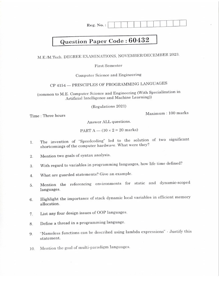 CP4154 - Principles of Programming languages | PDF