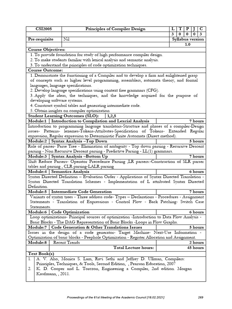 Compiler Design Principles Course Outline | PDF | Parsing | Compiler