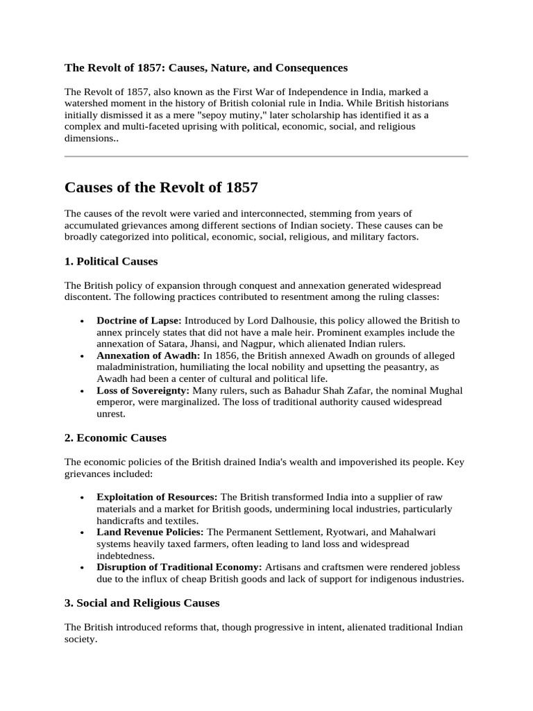 Causes and Impact of the 1857 Revolt | PDF | Indian Rebellion Of 1857 ...