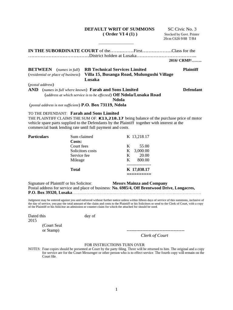 Default Writ of Summons: RB vs. Farah | PDF | Summons | Lawsuit