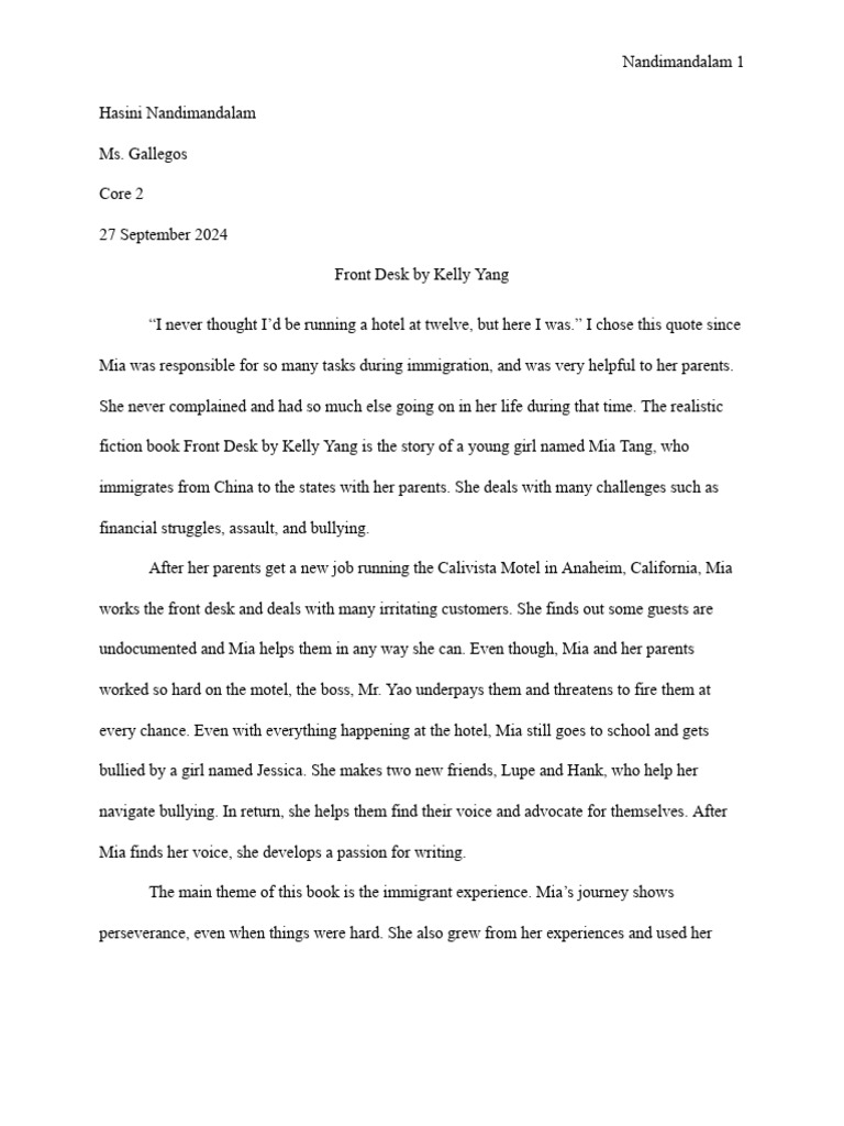 Front Desk: A Journey of Perseverance | PDF