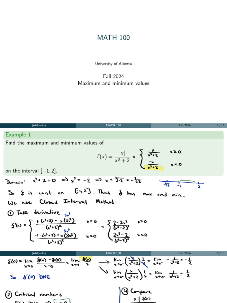 Maximum and Minimum Values in MATH 100 | PDF