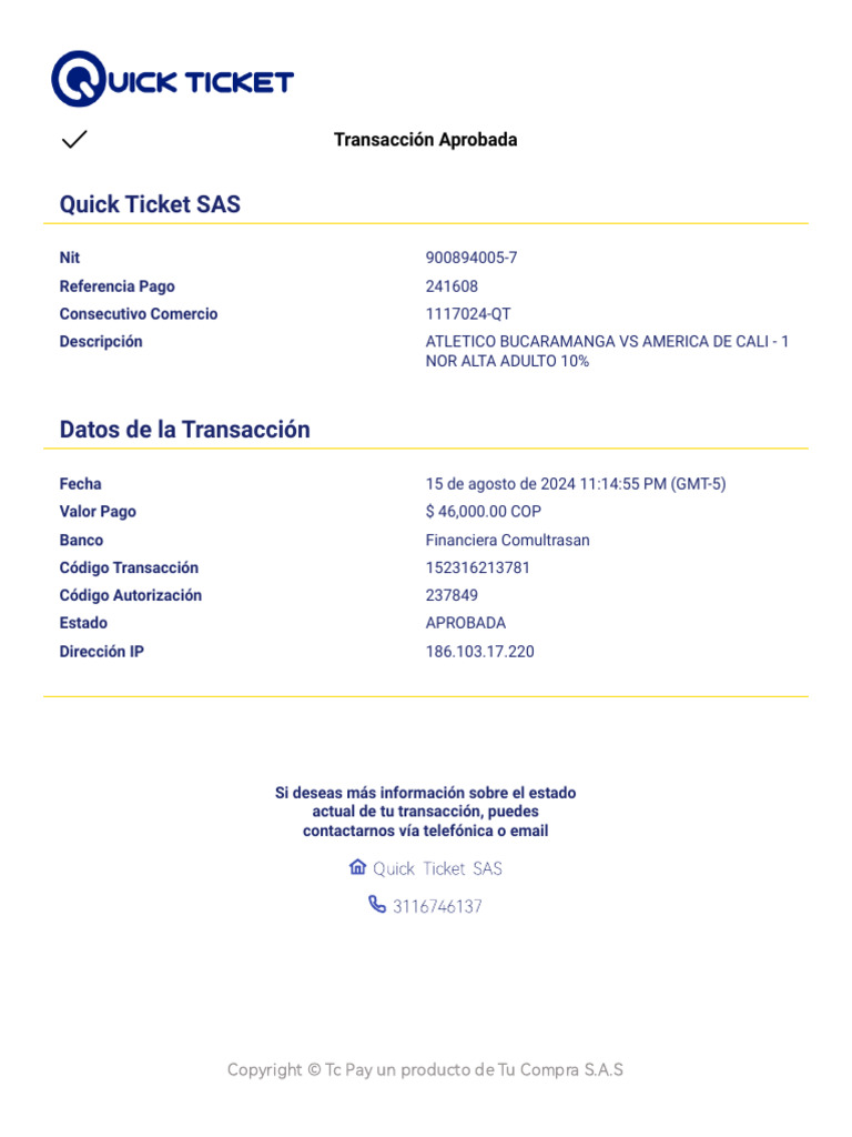 Sistema de Pagos Quick Ticket Sas | PDF