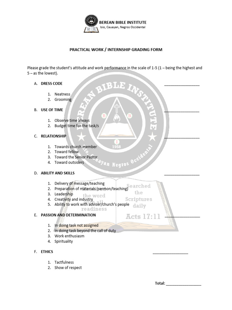 Internship Grading Form Template | PDF