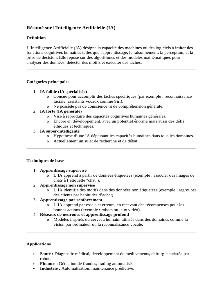Résumé sur l'Intelligence Artificielle (IA) | PDF | Intelligence ...