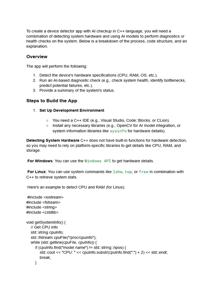 Creating A Device Detector App AI Checkup System in C++ Involves Using ...