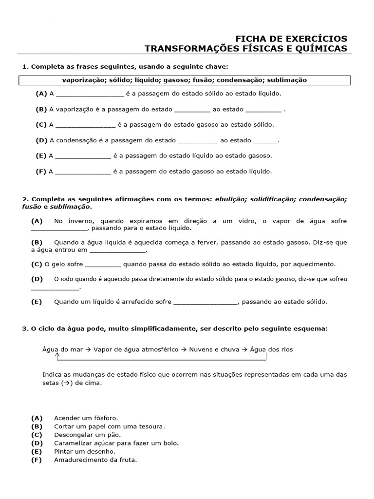 Exercícios sobre Transformações Físicas e Químicas | PDF | Reações ...