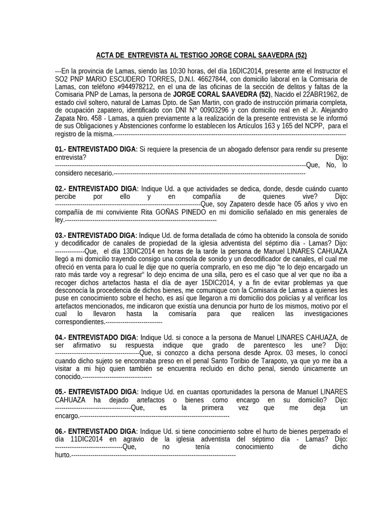 Acta de Entrevista Al Testigo - Jorge | PDF