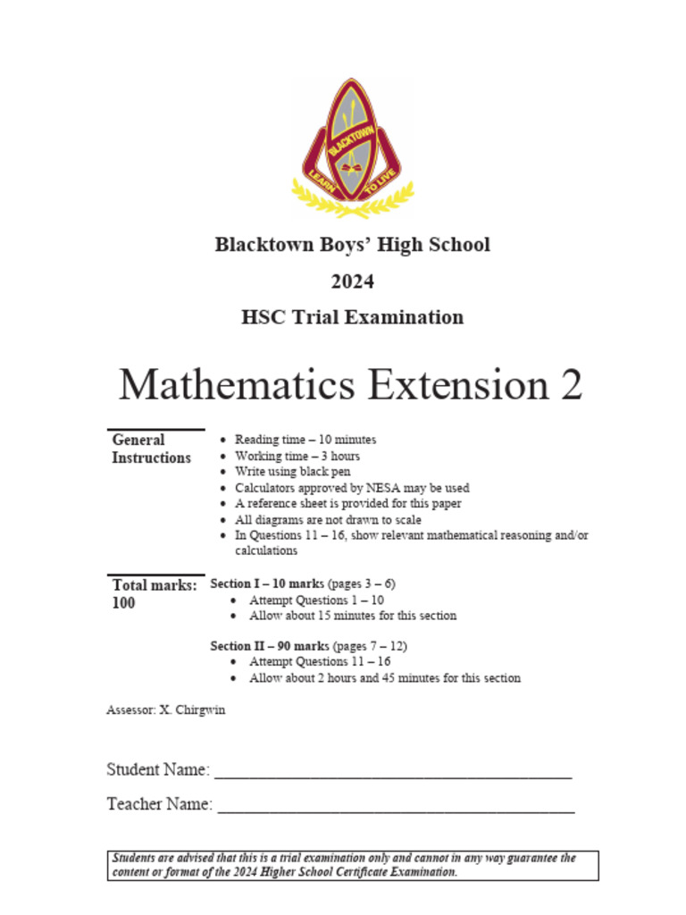 Blacktown Boys 2024 4U Trials & Solutions | PDF | Mathematics | Physics