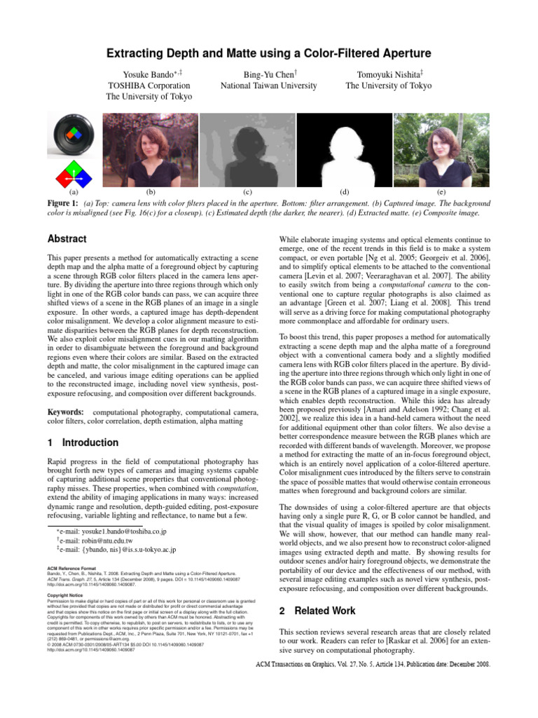 Extracting Depth and Matte Using A Color-Filtered Aperture | PDF ...
