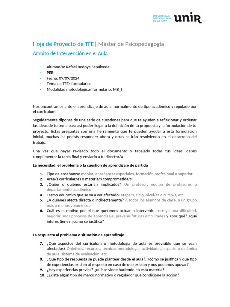 Proyecto TFE: Mejora de Convivencia Escolar | PDF | Plan de estudios ...