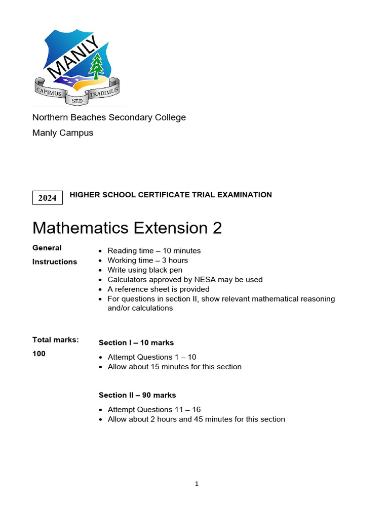 Manly 2024 4U Trials & Solutions | PDF | Complex Number | Algebra