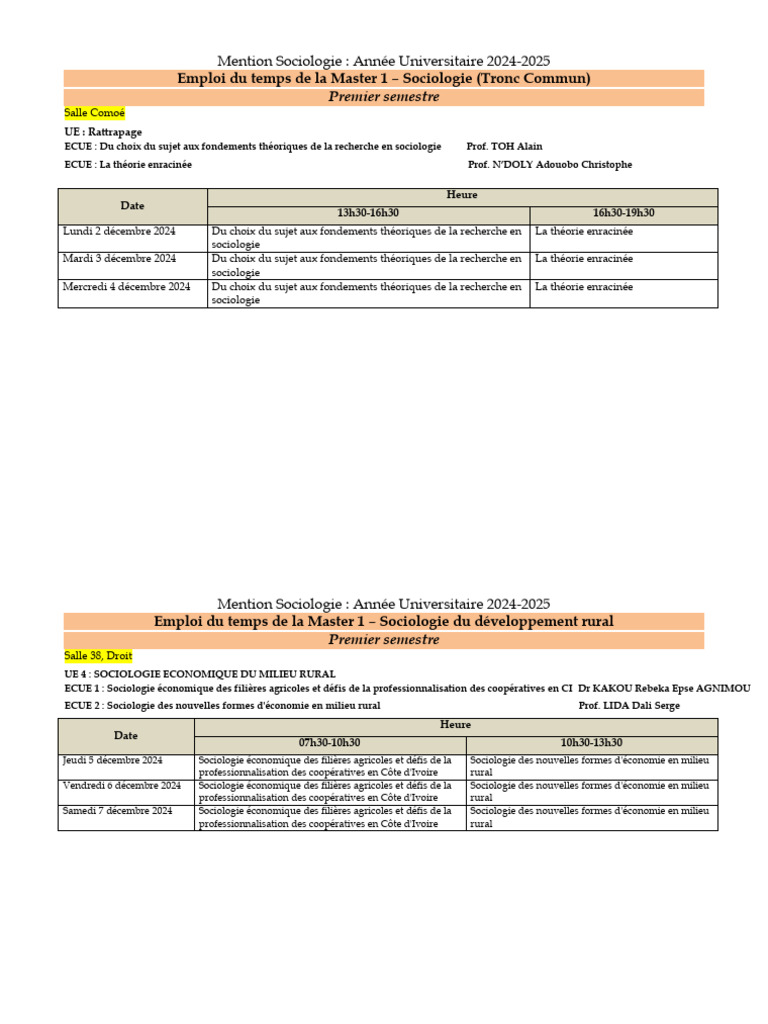 Emploi du temps Master 1 Sociologie 2024-2025 | PDF | Science ...