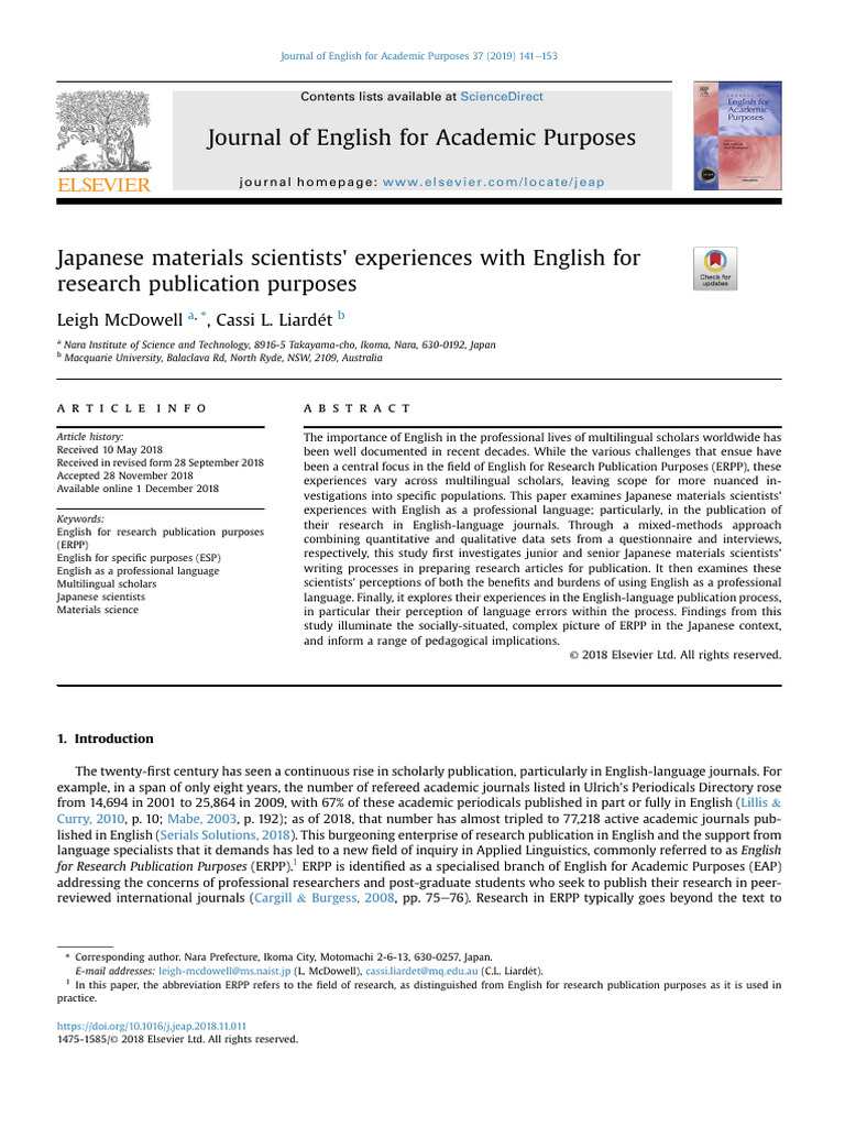 Japanese Materials Scientists' Experiences With English For Research ...
