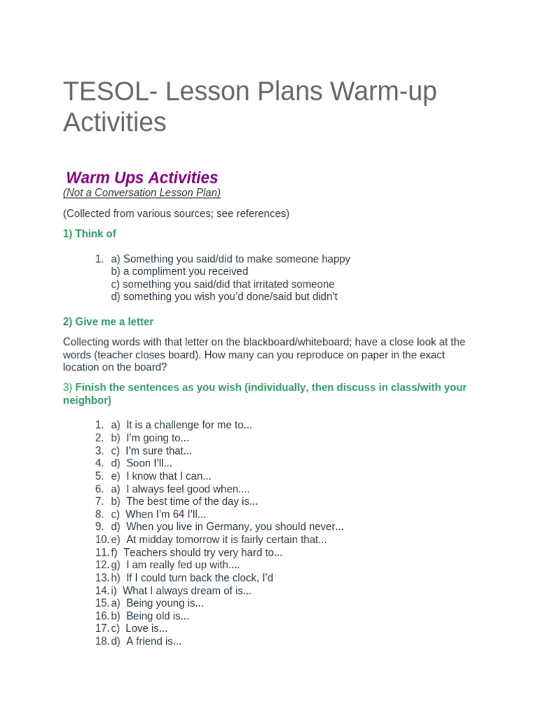 ESL Warm-Up Activities for Adults | PDF